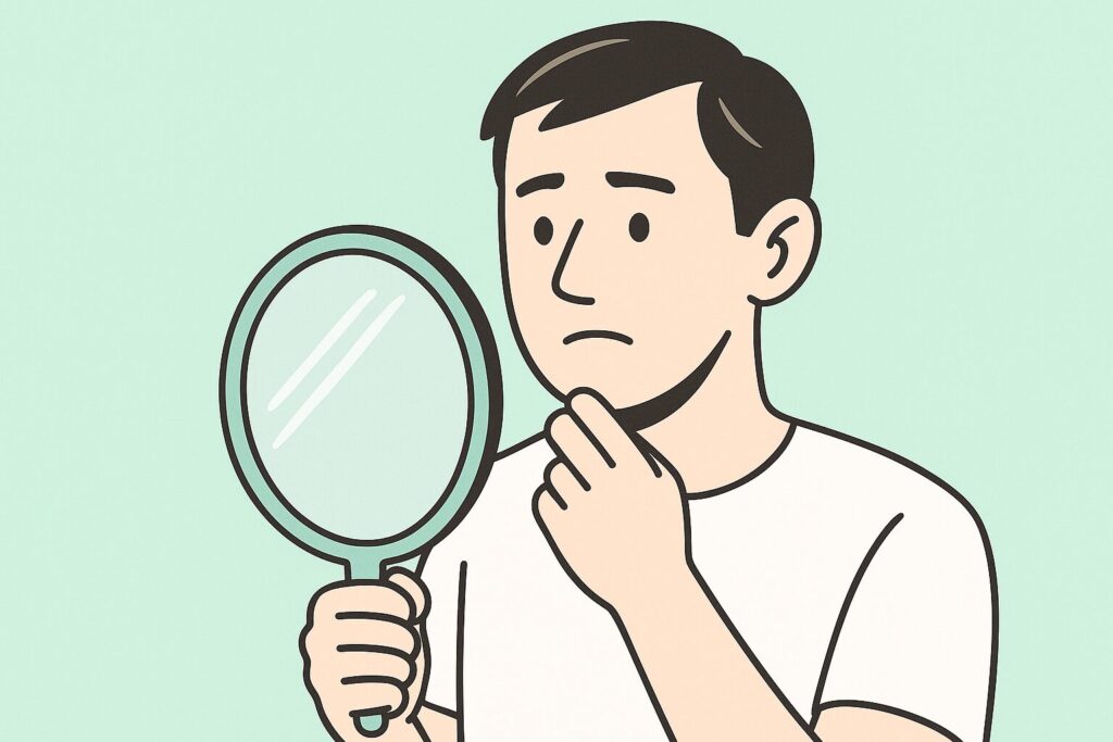 男性が手鏡 白シャツ